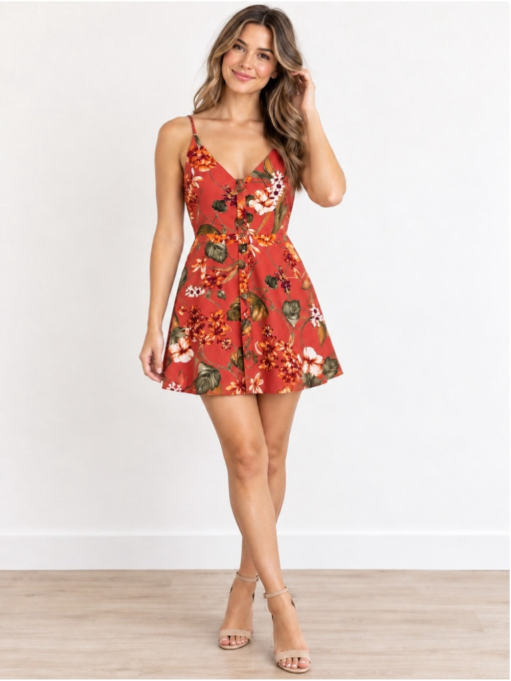 Lulus Floral Orange V-Neck A-Line Mini Dress Size S Tropical Vacation Summer